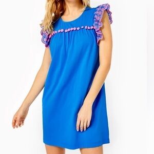 Lilly Pulitzer‎ Ave Dress Blue Flare pink eyelet Pom Pom trim shift jersey Sz XS